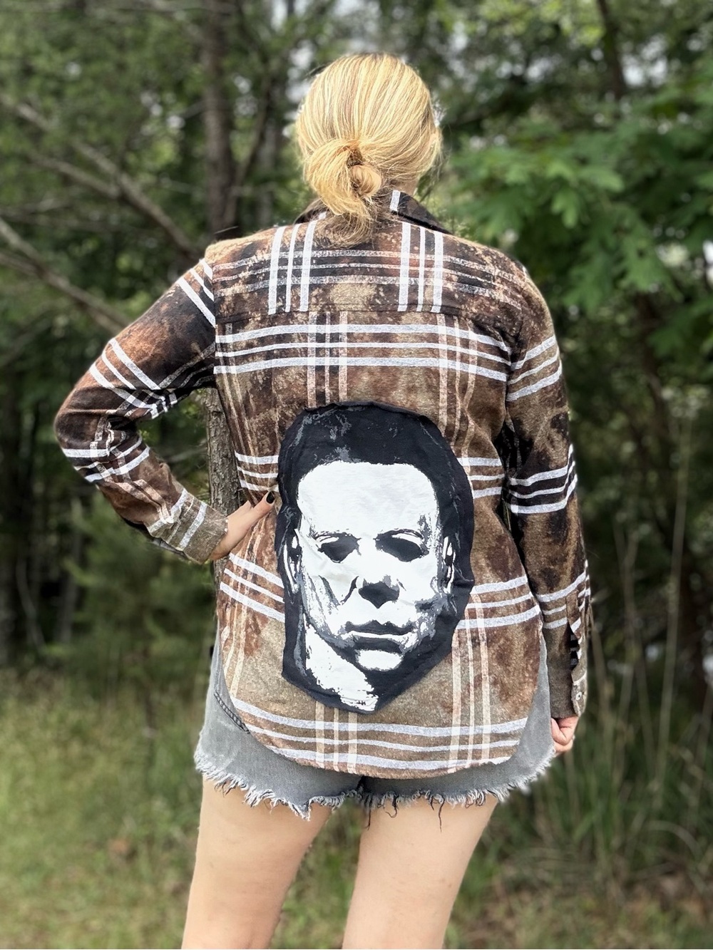 🔪🩸Up cycled Michael Myers Halloween horror Tie dye plaid women's flannel